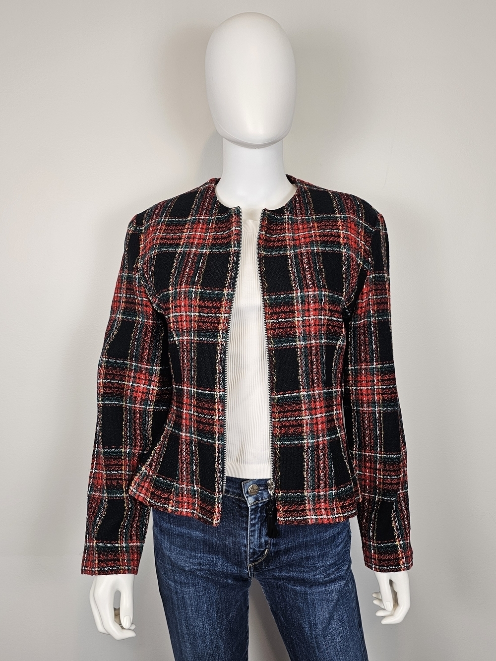 Joseph Ribkoff Red Green Black Tweed Vintage Zip Closure Cardigan Sz 10